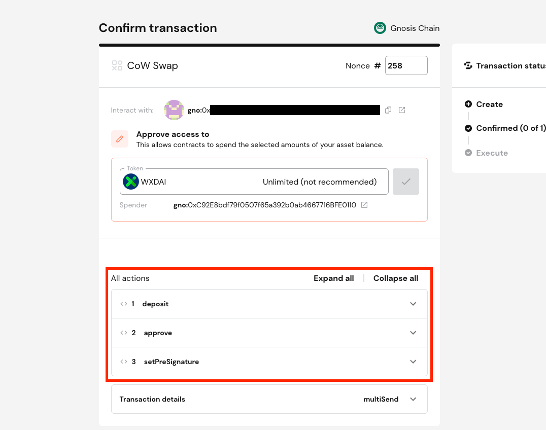 Wrap, approval and order placement bundle with Safe CoW Swap app. View of Safe's Confirm transaction screen.